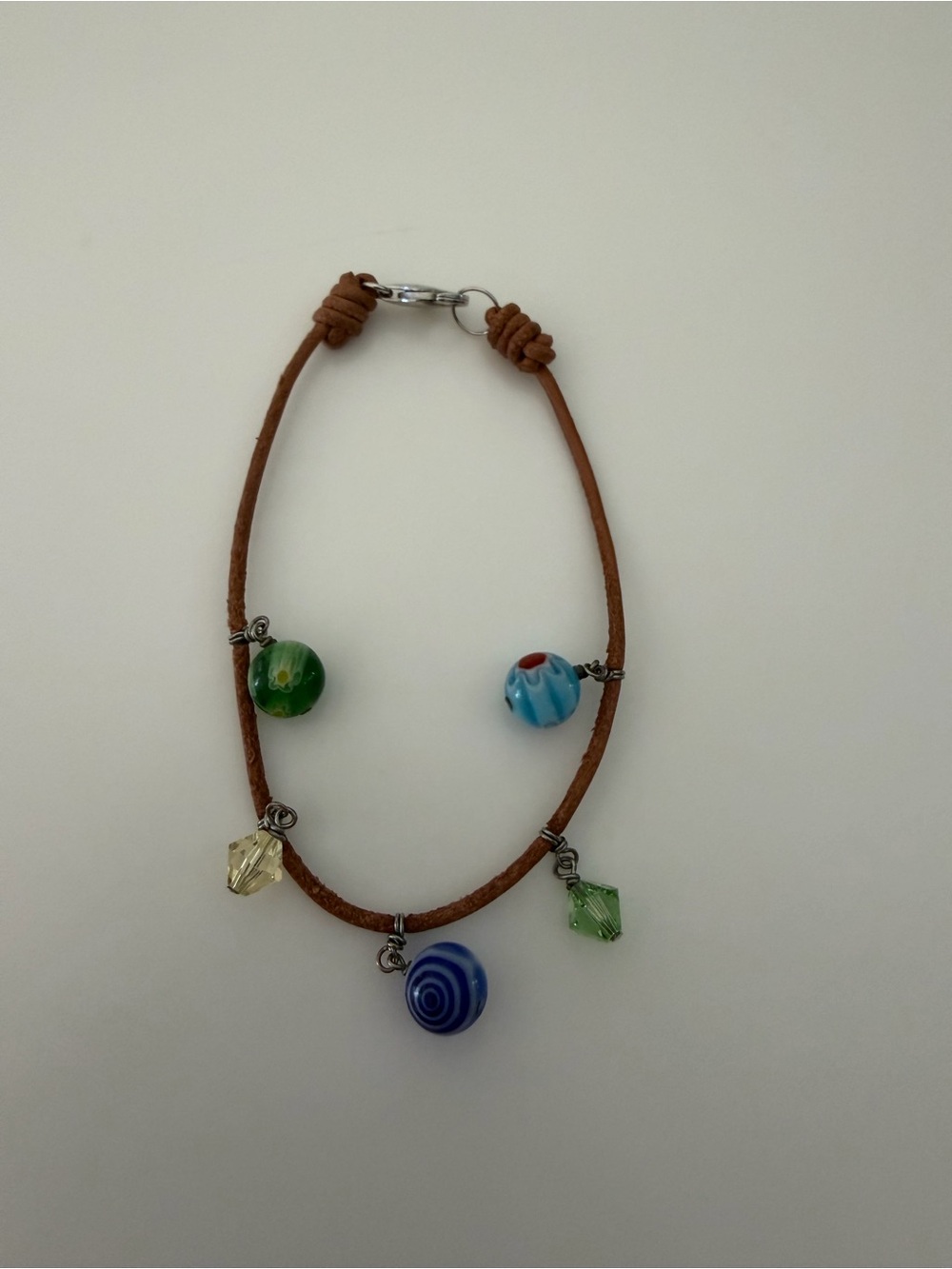 Handmade Brown Leather Bracelet with Multicolor Glass Beads